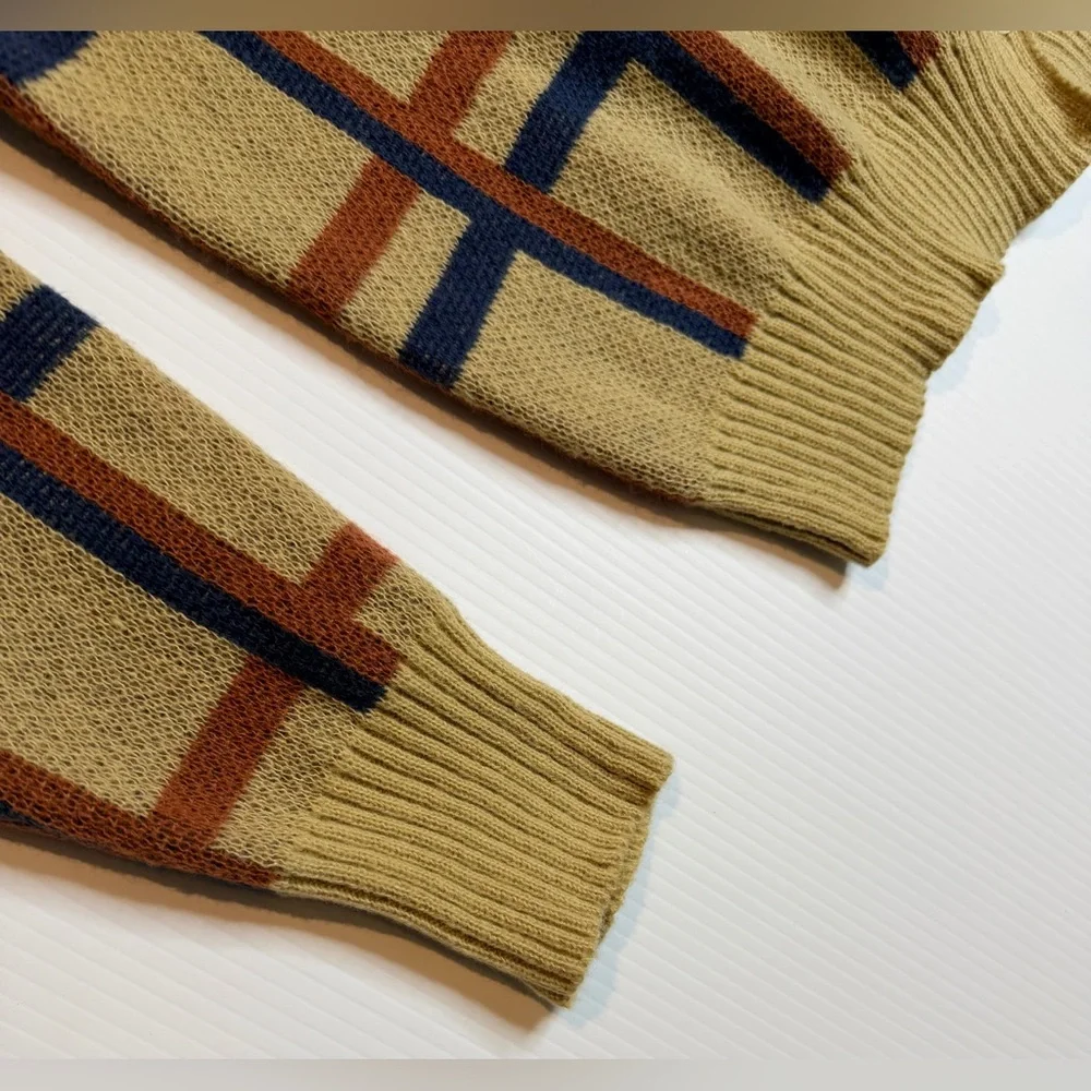 Vintage Grandpa Style Cardigan Sweater Beige Blue Rust Grid Button Front-XL